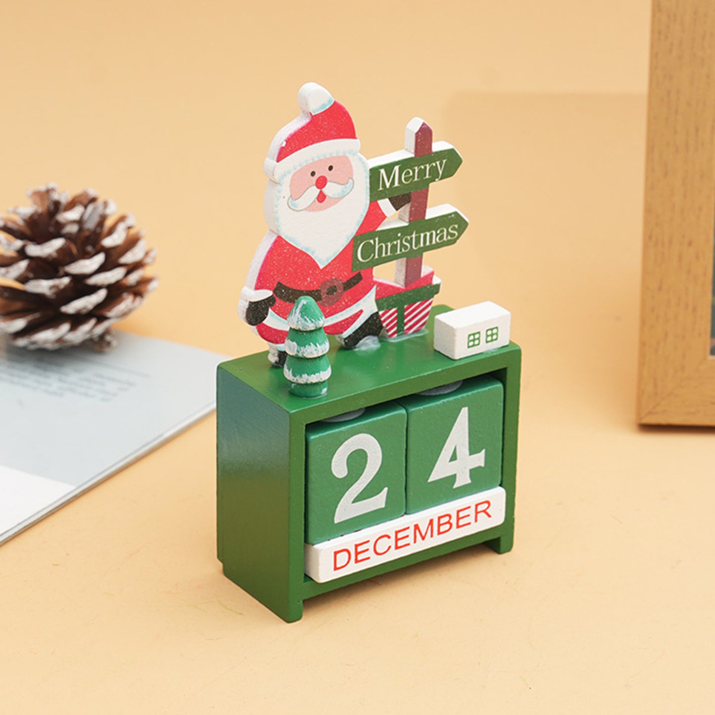 Xmas Desk Calendar Desktop Decoration Tabletop Number Date Wooden Blocks Ornament Santa