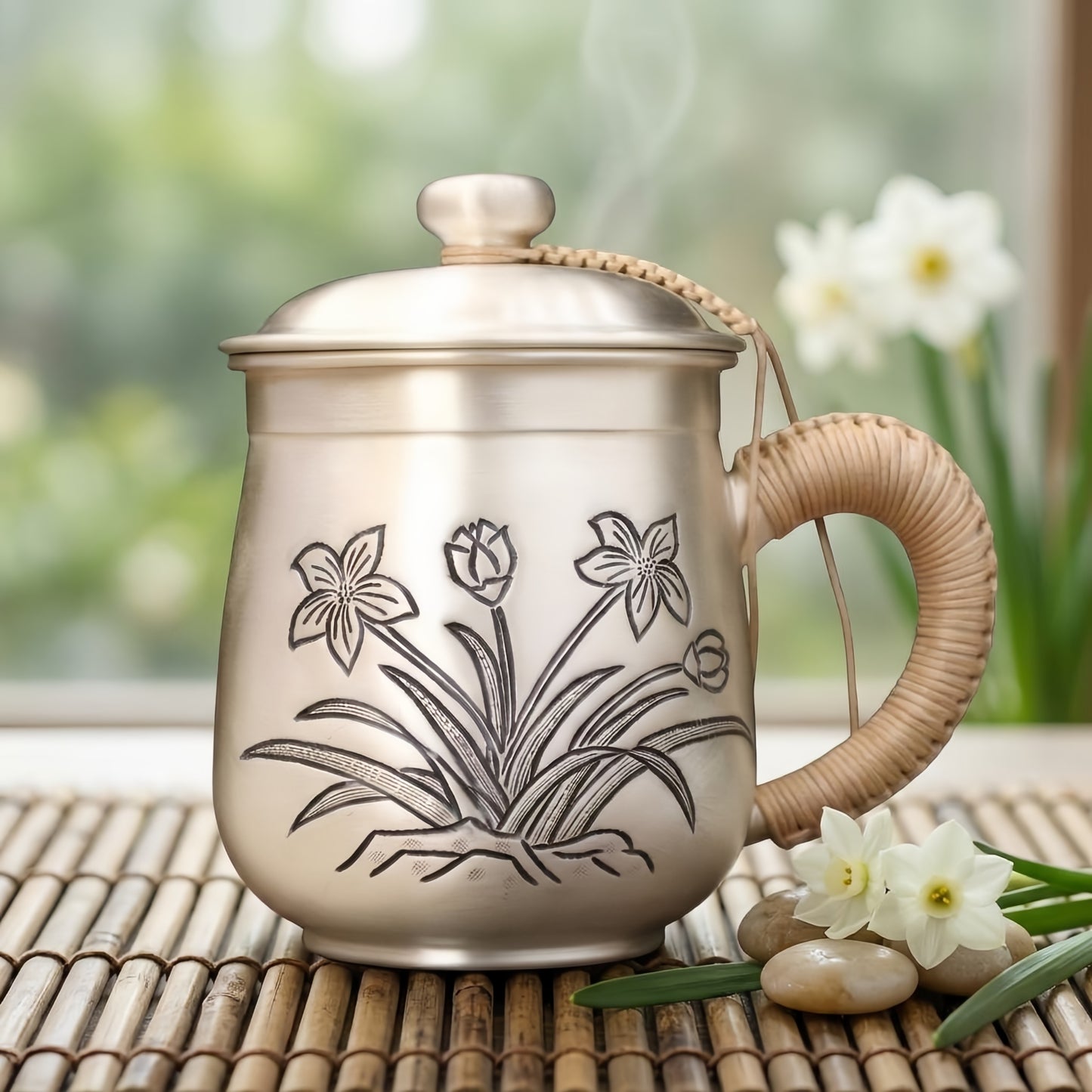 Pure 999 Fine Silver Handcrafted Silver-Tone Tea Mug with Floral Engravings and Woven Rattan Handle - Handicraft