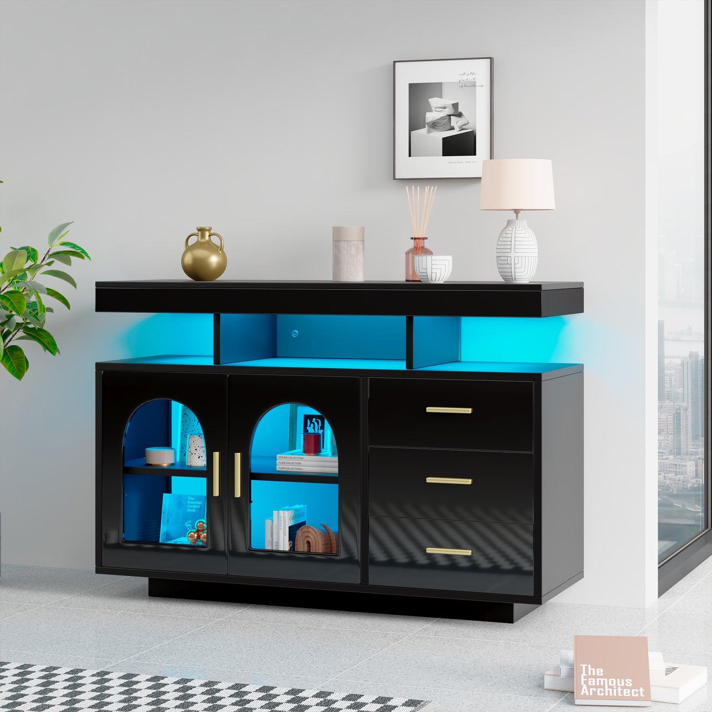 323704705BAA LED Sideboard Buffet Cabinet, 120cm Coffee Bar Cabinet, Drawer Cabinet, Living Room Sideboard, High Gloss Kitchen Cabinet With 16 Color Lights For Dining Room  Black