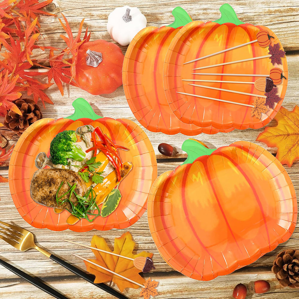 134 Pcs Thanksgiving Party Tableware Set Include Pumpkin Paper Plates Popcorn Boxes Food Trays With Fall Cocktail Picks Disposable Fall Harvest Dinnerware Set For Autumn Holiday Thanksgiving