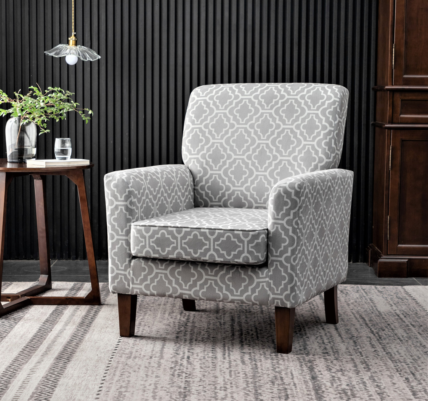 Patterned Polyester Blend Armchair, Solid Birch Wood Frame With Brown Tapered Legs, Foam Padded Accent Chair With Trim Detail For Living Room Office