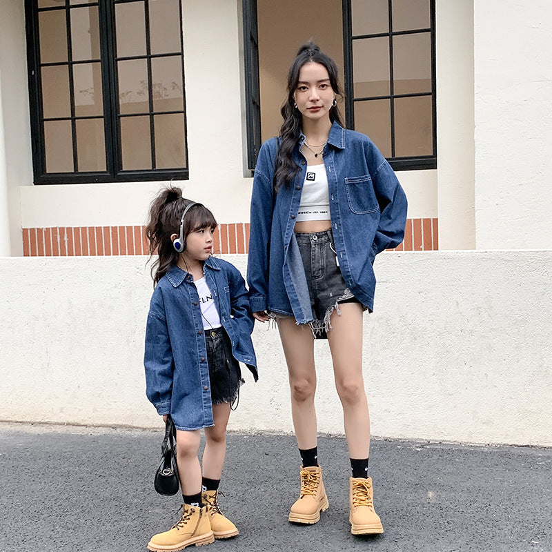Korean-style Chic Vintage Denim Parent-child Shirt Set