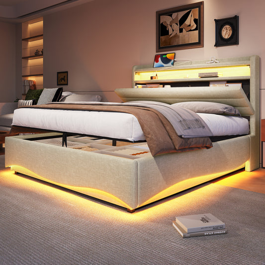 Upholstered Bed, 140 X 200 Cm, Without Mattress, With LED Lighting, With Hydraulic Mechanism, With USB And Type-C Ports, Storage Compartment, Shelves For Objects, Linen Fabric, Beige