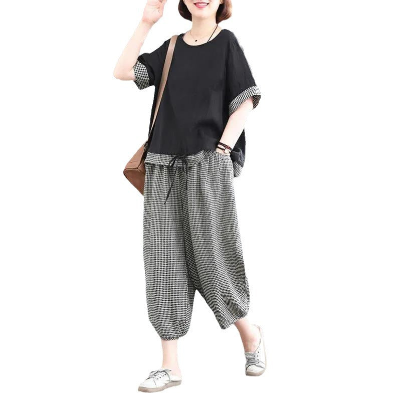 Korean-style Loose-fit Printed Short-sleeve Pants Set