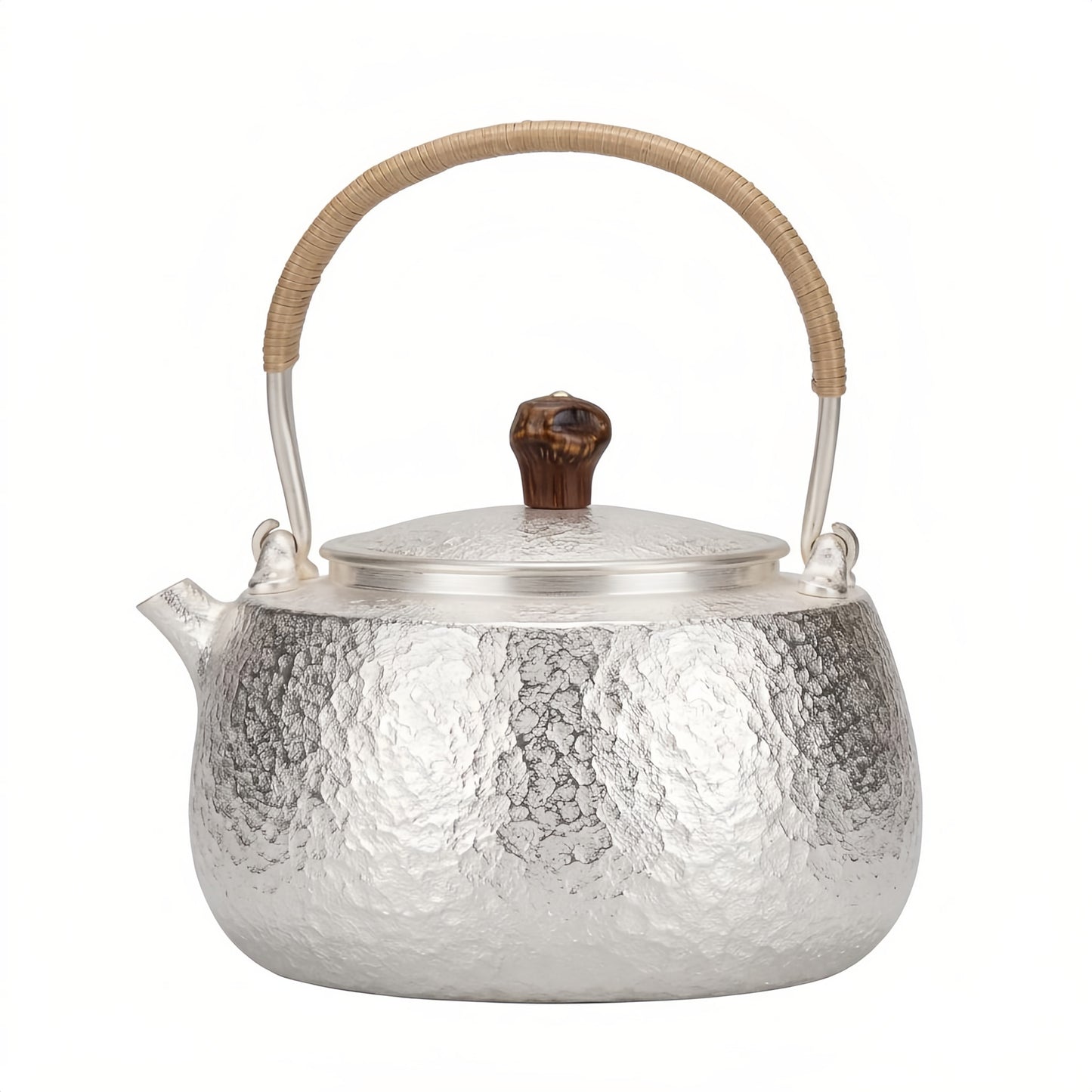 Pure 999 Fine Silver Elegant Hand-Forged Silver Tea Kettle with Woven Wicker Handle and Natural Wood Knob - Handicraft