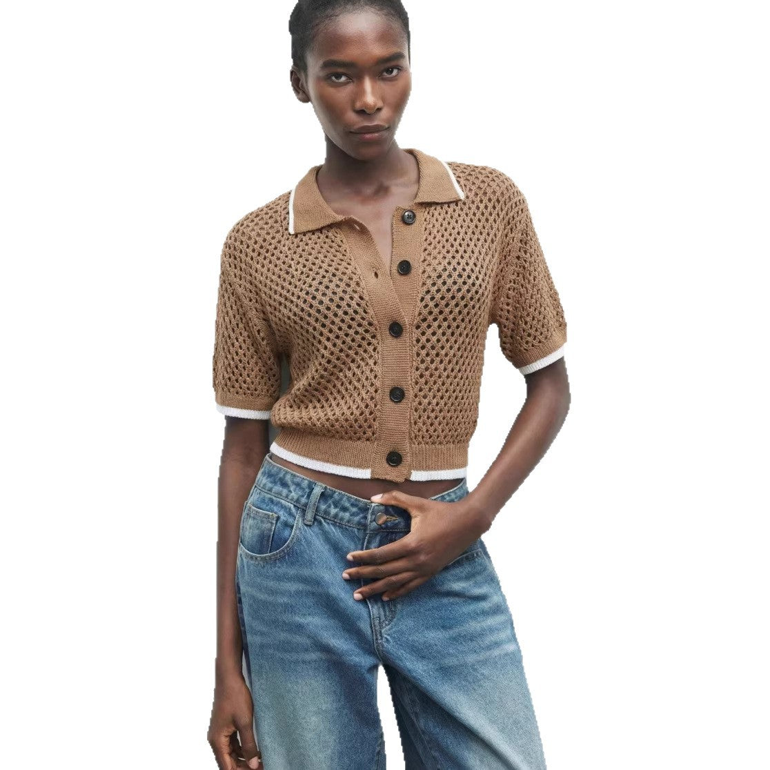 Womens Fashion Hollow-Out Lapel Knit Sweater