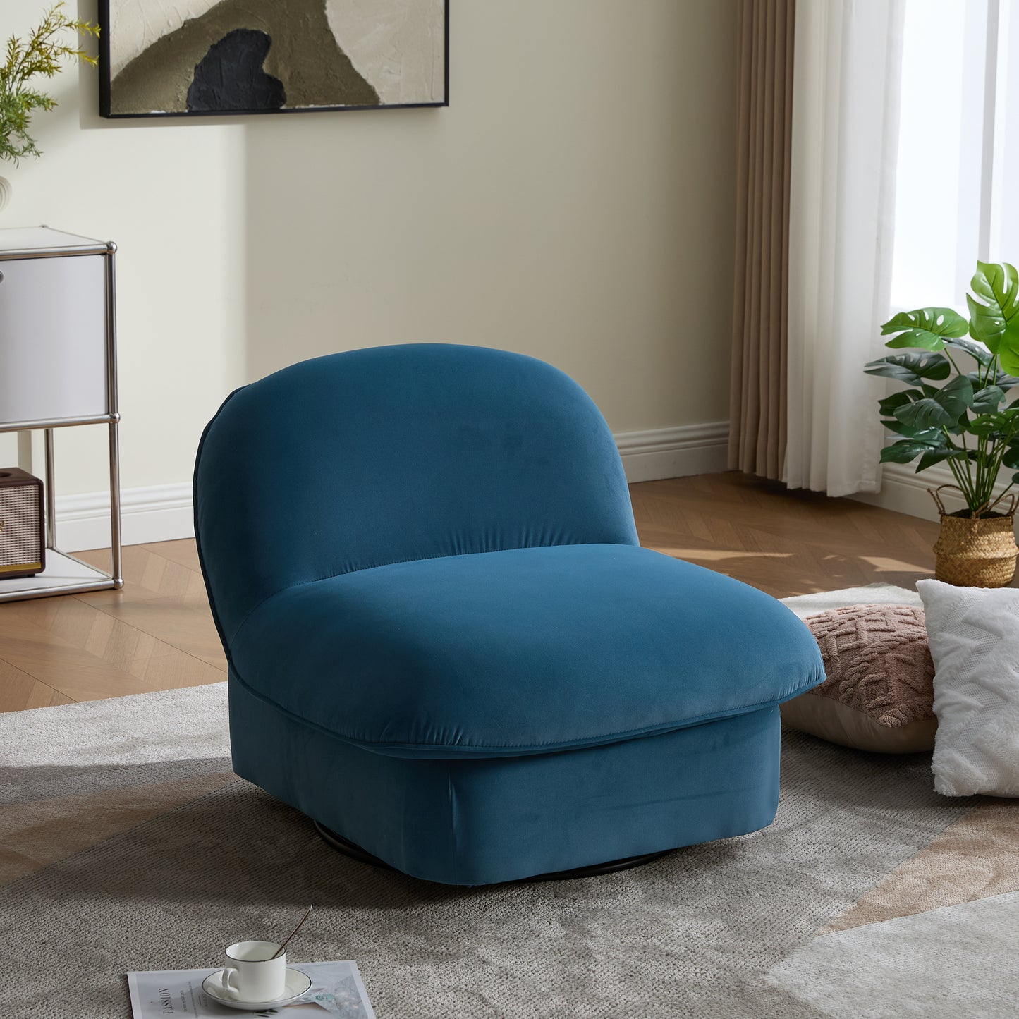 Swivel Accent Chair, 360 Degree Metal Base With Velvet Fabric Upholstery, Comfy Pumpkin Shaped Swivel Chair For Living Room, Bedroom, Or Office
