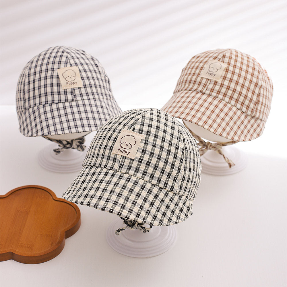Summer Baby Checkered Lace-up Fisherman Hat For Boys And Girls - Sun Protection Wide-brimmed Baseball Cap For Daily Outdoor Use