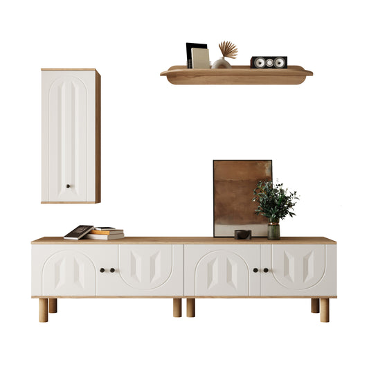 Wall Unit, 3 Pcs., Best. From Highboard, Cabinets, Wall Board. White And Wooden, Carved Door Panels.