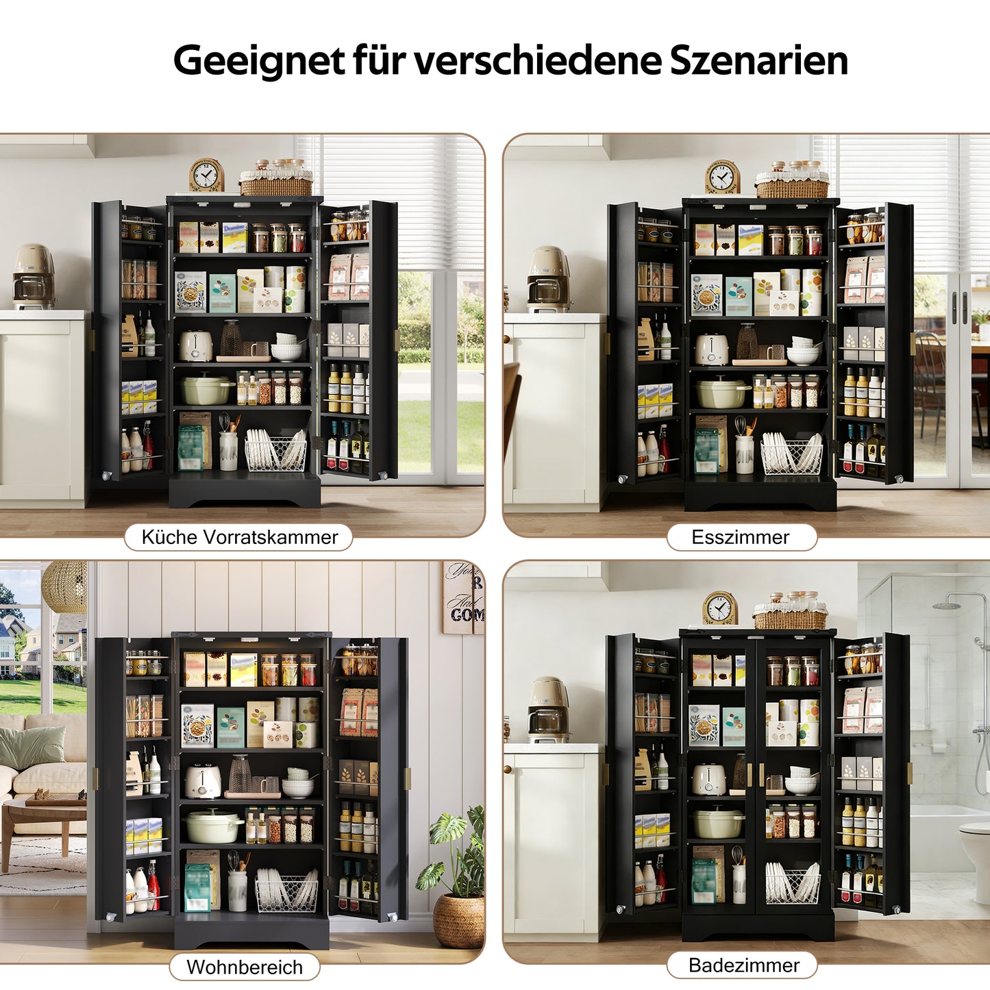 Kitchen Cabinet With LED Sensor Light And Spice Rack, Generous Double Door Cabinet With Adjustable Shelves And Modern Door Design  Black, 120 X 60.5 X 40 Cm