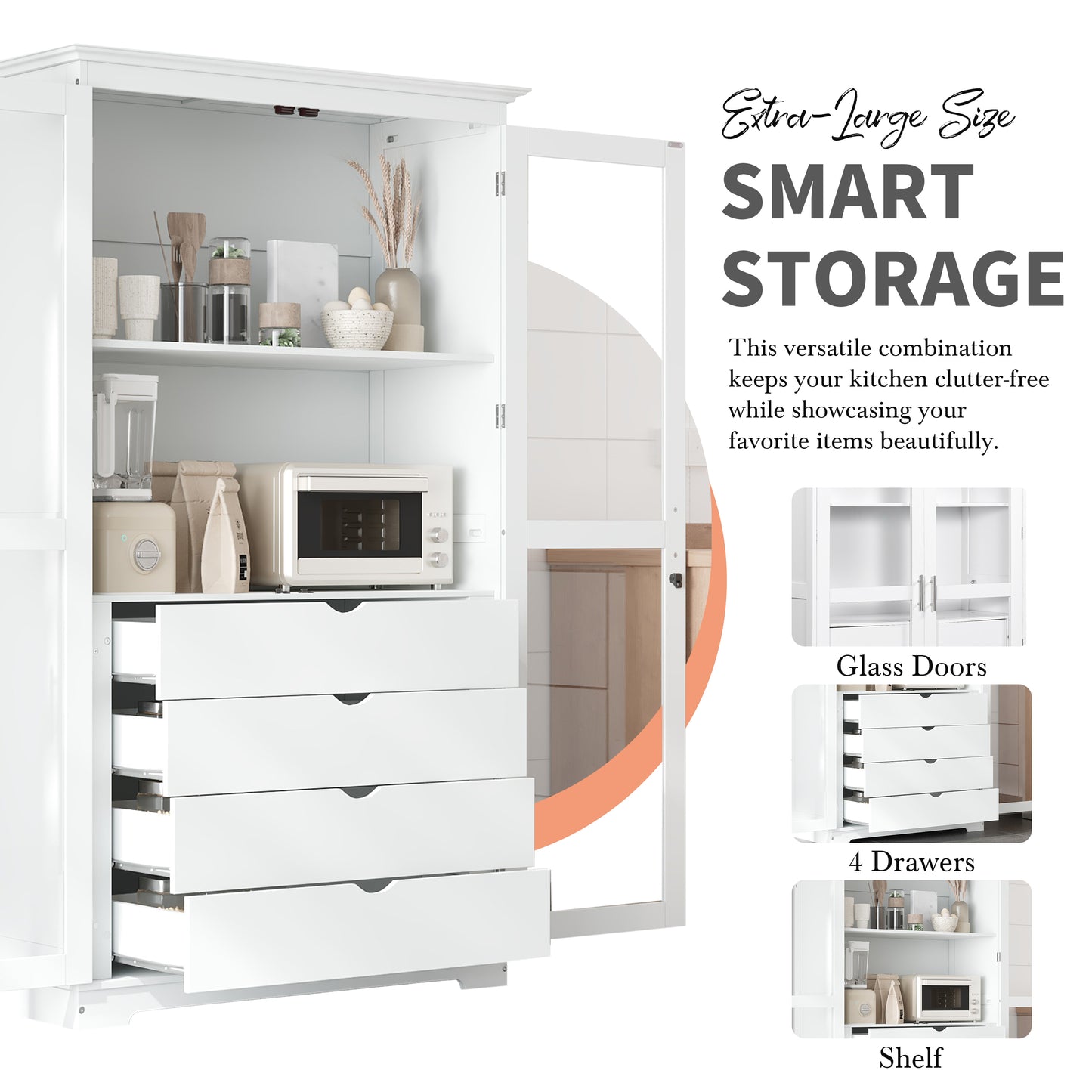 TOPMAx 44.7x20x75inch Kitchen Pantry  Freestanding Kitchen Storage Cabinet Display Cabinet With Glass Doors And 4 Built- In Drawers For Living Room  Home Office  White