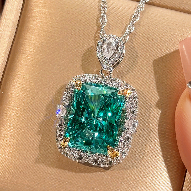 Women Simulated Emerald Cubic Zirconia Jewelry Set, Rectangle Gem Halo Inlaid Necklace Earrings Ring, European American Premium Texture Wedding Accessories