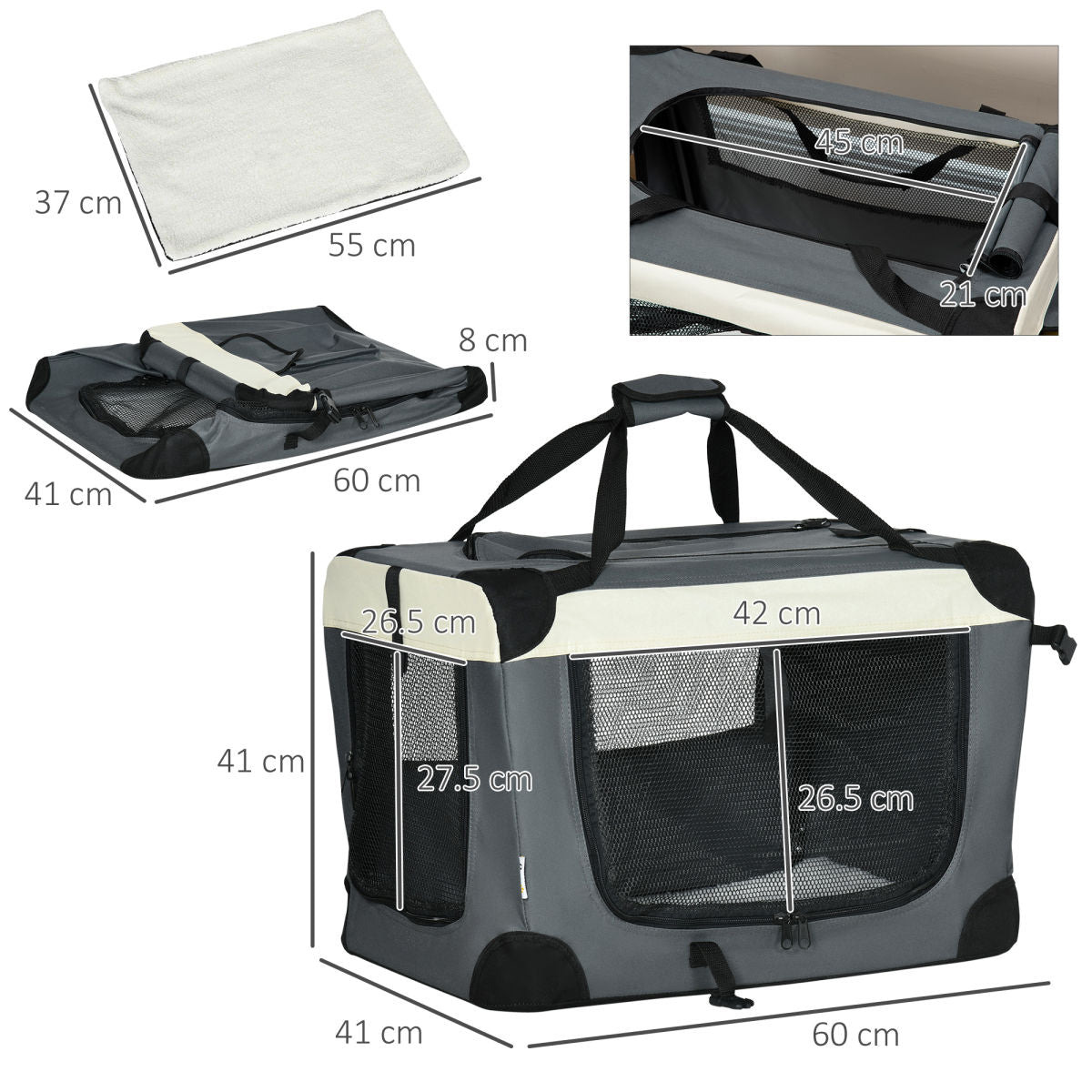 PawHut 60cm Foldable Pet Carrier, With Cushion, For Miniature Dogs And Cats - Grey