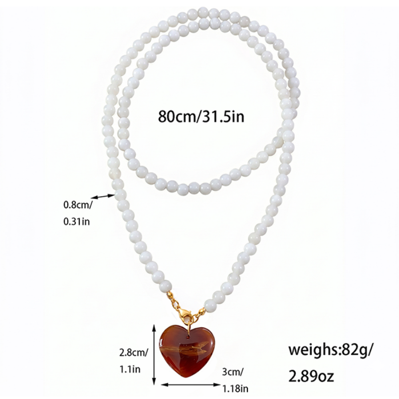 80cm Long Glass Bead Necklace For Women, 18K Gold Plated Stainless Steel Chain With Chunky Amber Brown Heart Pendant, Vintage Layering Jewelry Gift