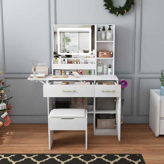 Vanity Desk With LED Mirror Lights And Power Outlet Charging Station, Makeup Dressing Table With 3 Drawers, 7 Shelves And Storage Stool, For Girls And Women White