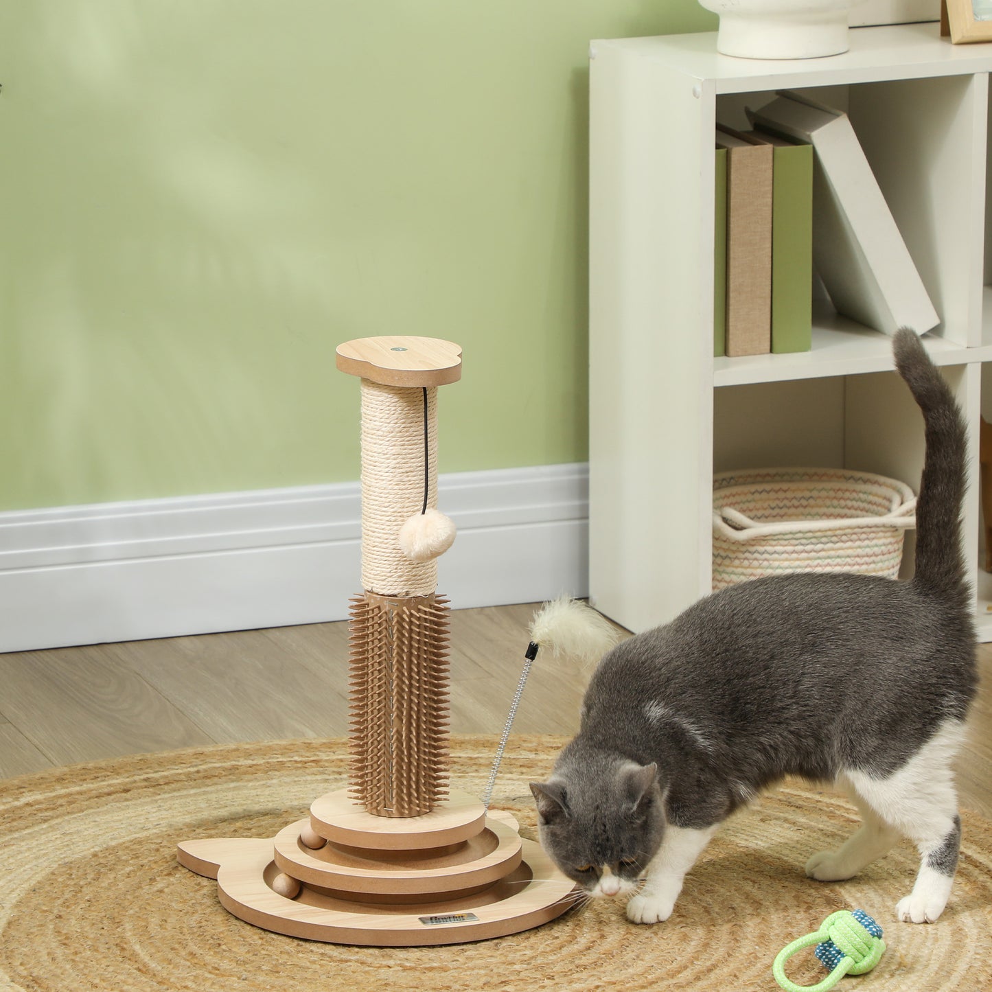 PawHut 49cm 5 In 1 Cat Scratching Post With Sisal Post, Track Ball, Self Grooming Brush, Hanging Toy Ball, Feather, Oak Tone