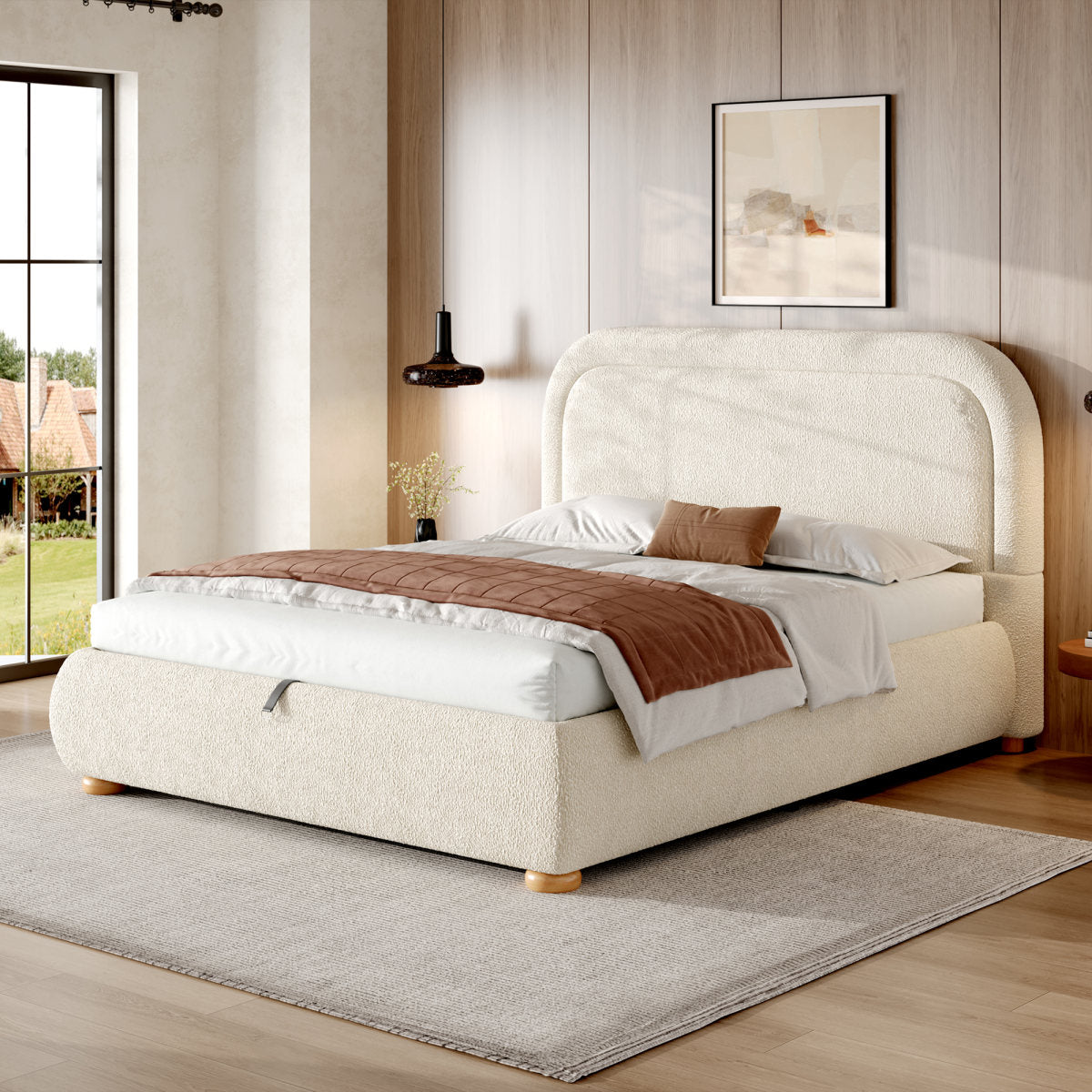 5FT King Size Ottoman Storage Bed Frame   150 X 200 Cm    Luxury Boucled Upholstered Lift-Up Bed With Hydraulic Storage, Deep Curved Headboard & Reinforced Slatted Base, Beige, Boucled