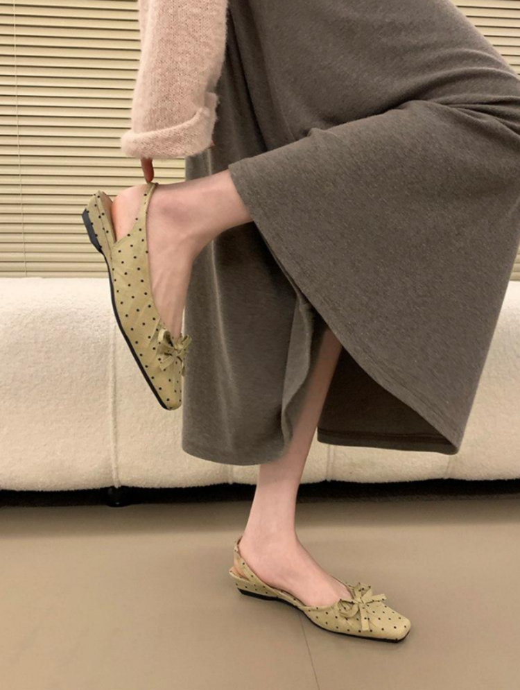 Women 2026 New French Polka Dot Square Toe Mid Heel Single Strap High Heels, Bow Thick Heel Pumps Closed Toe Sandals