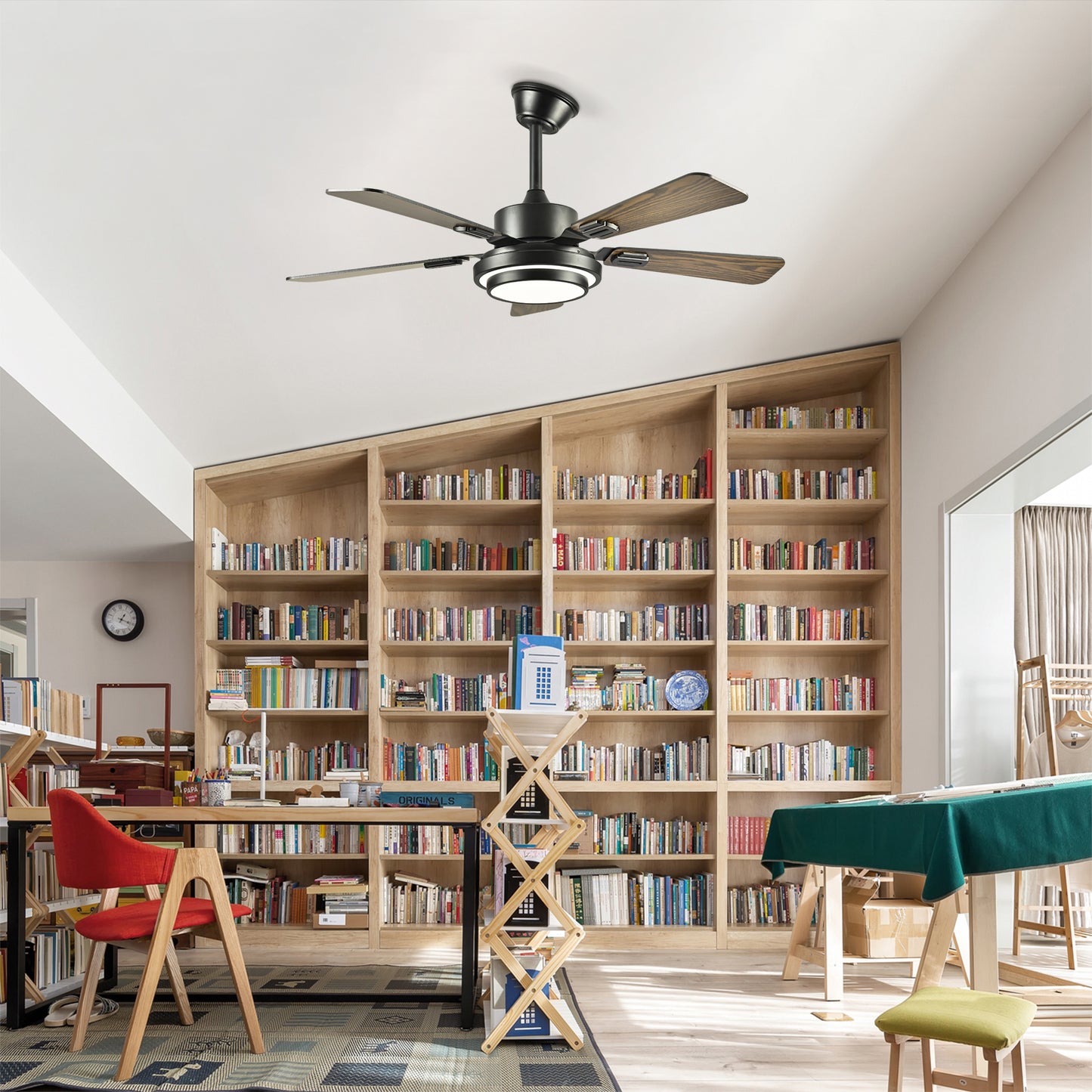 42  5PCS  Plywood Blades Ceiling Fan With LED  Light 3000-6500K Dimmable,Quiet DC Motor  Ceiling Fans 6 Speed Levels,Reversible Ceiling Fan,for Patio Living Room, Bedroom, Office,Indoor. Matte Black