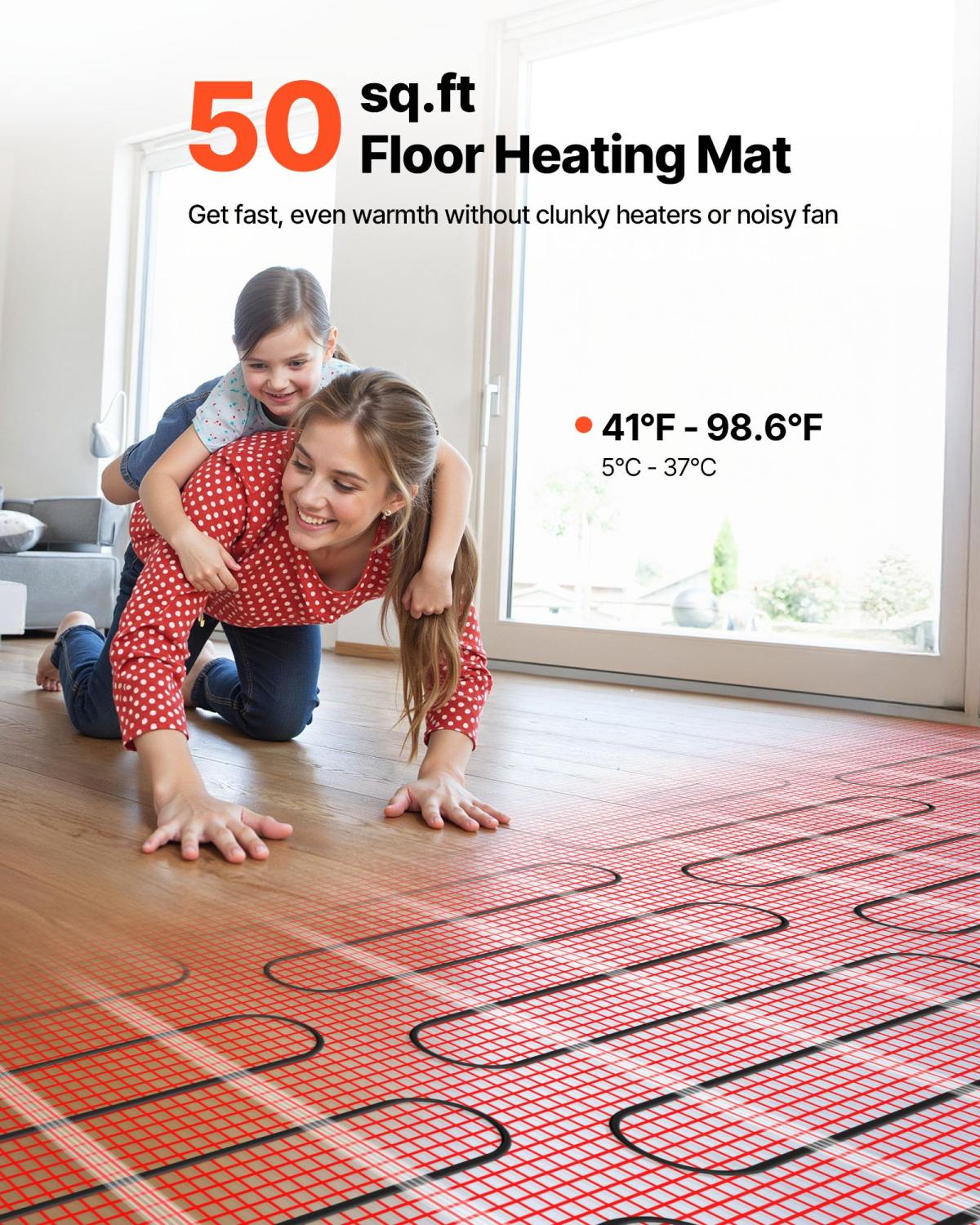 50 Sqft Self-Adhesive Mesh Floor Heating Mat System, 120V Electric Radiant Heated Floor System, With Smart Control Thermostat & Alarm, Easy Installation For Tile, Stone, Vinyl