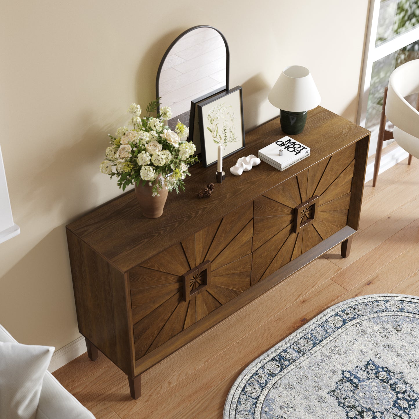 60   Premium Rustic American Farmhouse Credenza - Symmetrical Sunburst Door Design, Heavy-Duty Antique Wood TV Stand With Adjustable Shelves, Storage Cabinet For Living Room Kitchen  Antique Brown