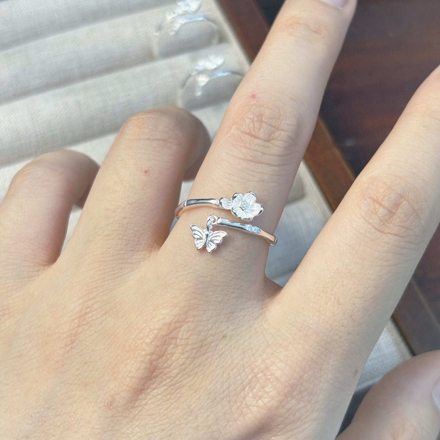 1pc 999 Sterling Silver Bamboo Flower And Butterfly Charm Open Ring, Fresh Style, Perfect For Daily Wear And Valentine's Gift