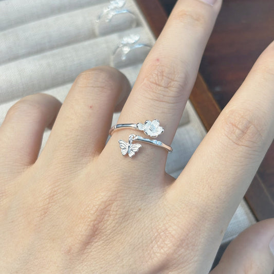 1pc 999 Sterling Silver Bamboo Flower And Butterfly Charm Open Ring, Fresh Style, Perfect For Daily Wear And Valentine's Gift