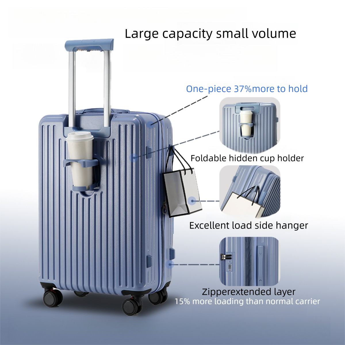 Front Opening Expandable Carry On Luggage, Large And Medium Sized Cabin Bag, Made Of Alloy Material, TSA Lock, USB Charging Port, Foldable Cup Holder