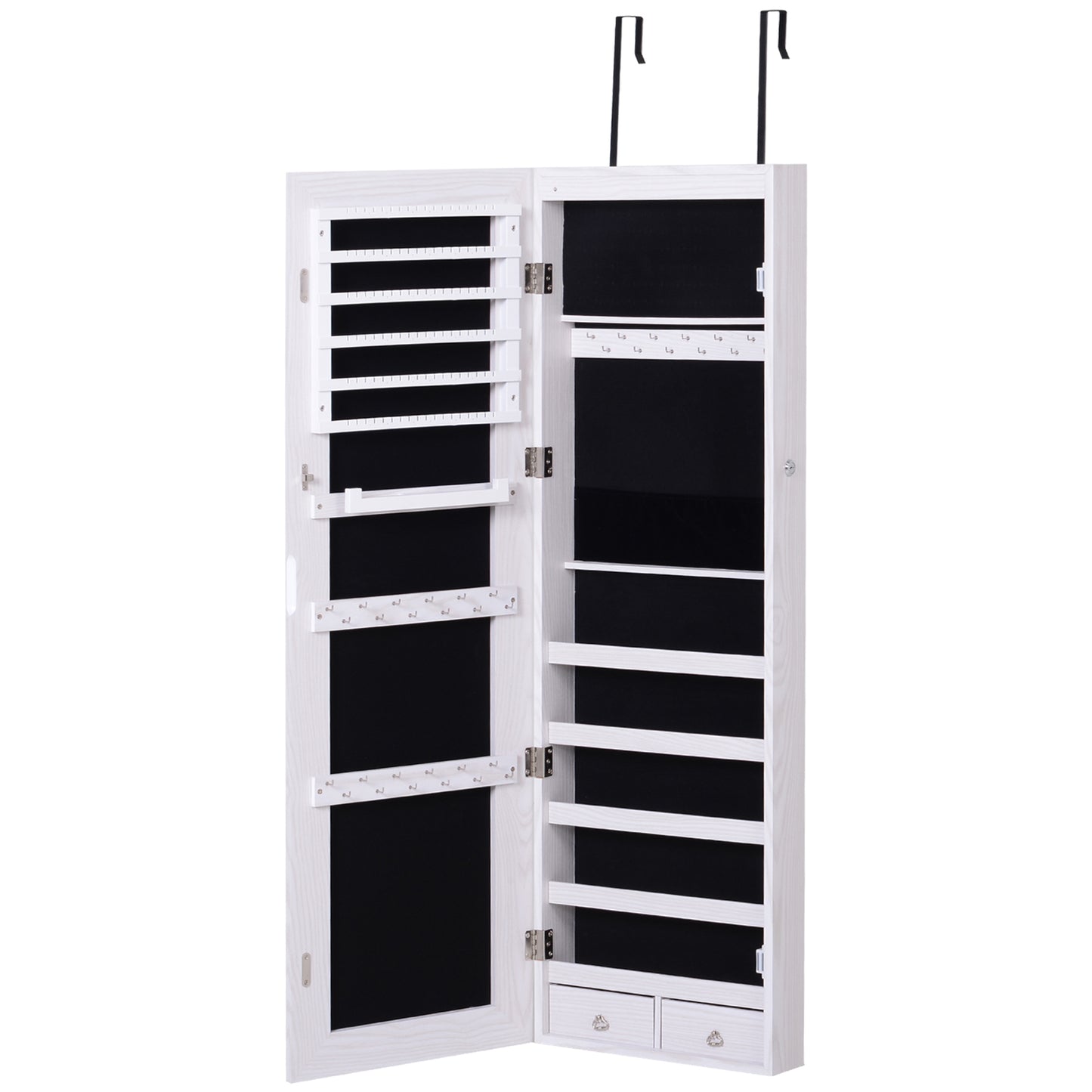 Jewelry Cabinet With Mirror And LED Lights, Lockable Makeup Cosmetics Jewellery Organiser, Mirror With Storage For Bedroom Dressing Room, White