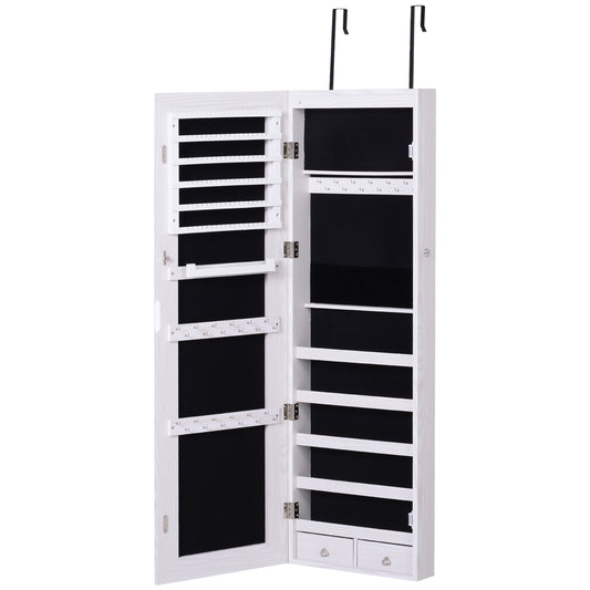 Jewelry Cabinet With Mirror And LED Lights, Lockable Makeup Cosmetics Jewellery Organiser, Mirror With Storage For Bedroom Dressing Room, White