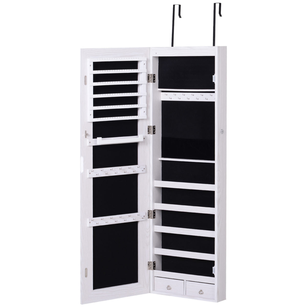 Jewelry Cabinet With Mirror And LED Lights, Lockable Makeup Cosmetics Jewellery Organiser, Mirror With Storage For Bedroom Dressing Room, White