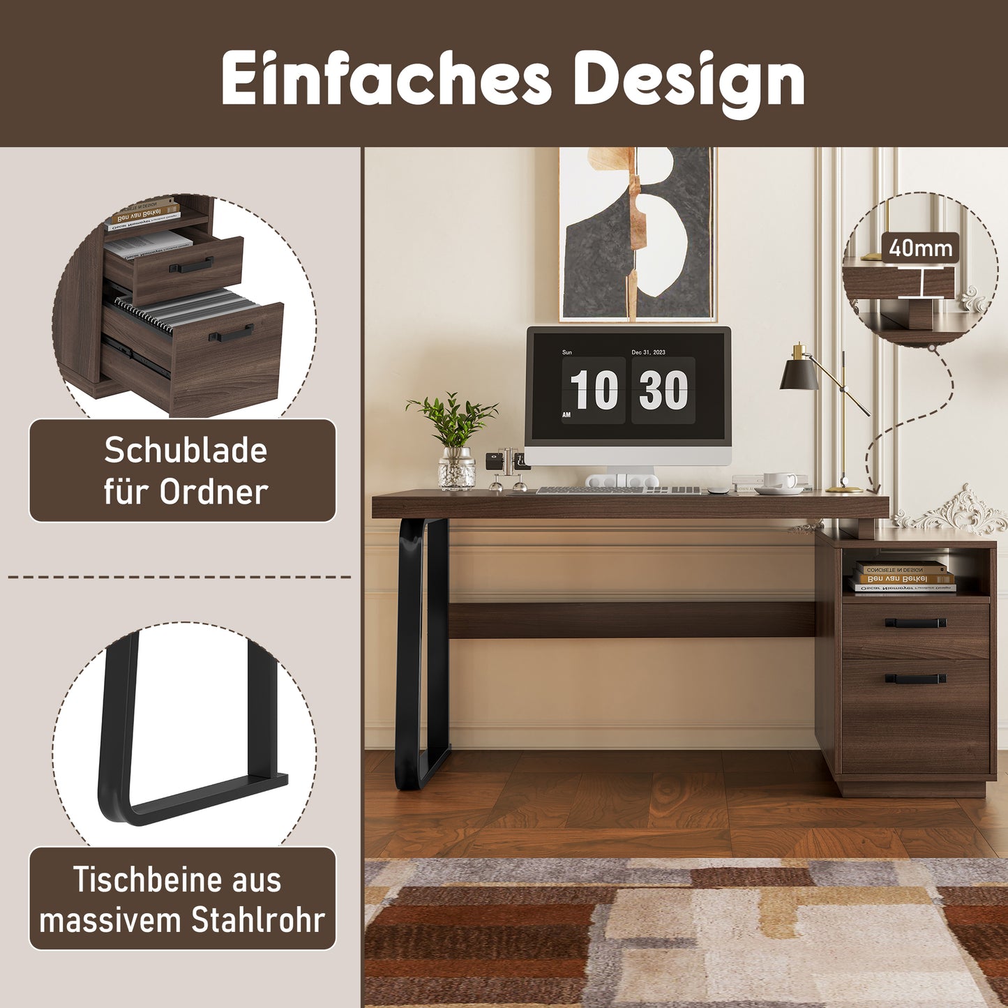 135x54cm Modern Minimalist Style Desk, MDF Desk Top With High Quality Steel Tube, Super Resilient, Multifunctional Storage Design, Noiseless Drawer, Folder Locker