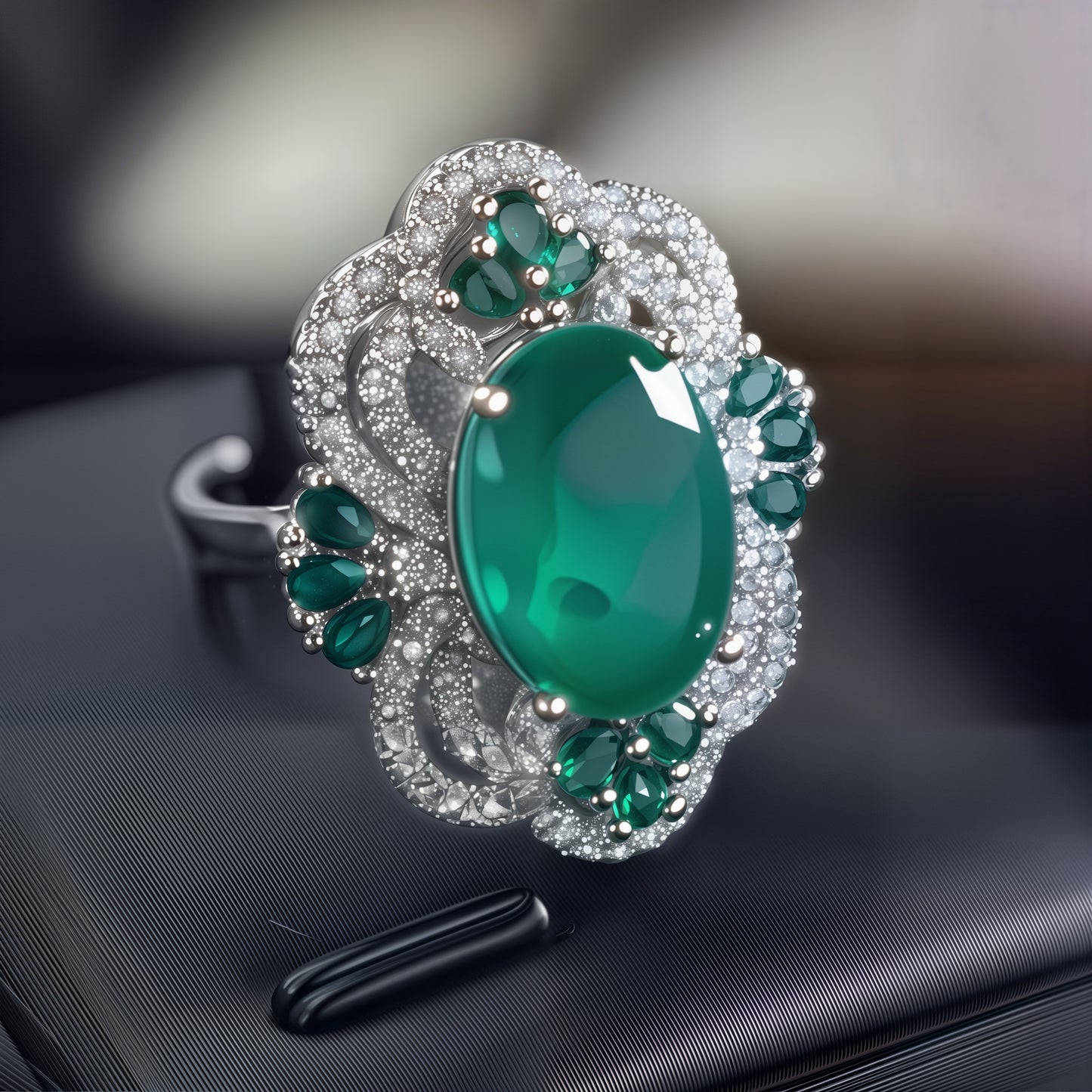 Oval Cabochon Green Gem Mixed Emerald & White Crystal Filigree Open Adjustable Cocktail Ring For Women, Copper Silver Plated Antique Hollow Floral Wedding Banquet Statement Jewelry Gift