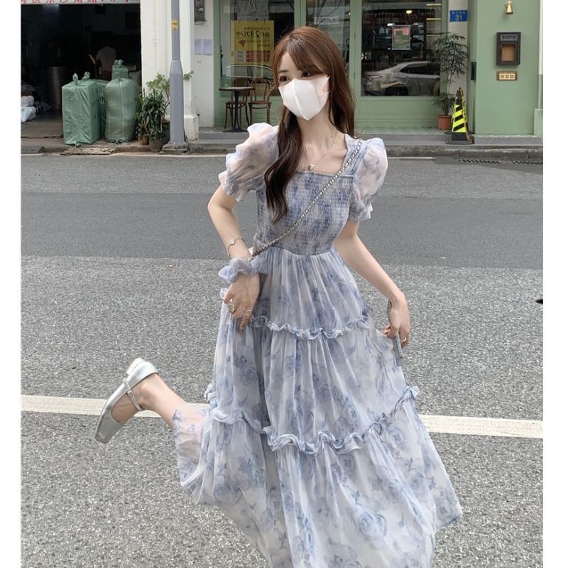 Afternoon Tea Dress With Bubble Sleeves And Floral Print