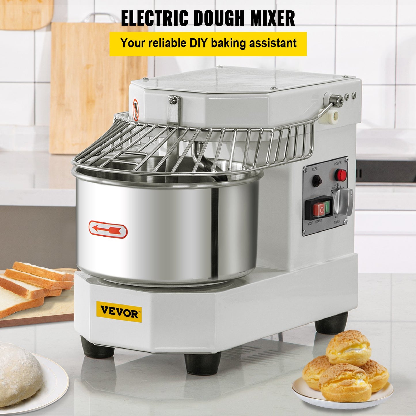 Commercial Food Mixer, 7.3Qt Capacity, 450W Dual Rotating Dough Kneading Machine With Food-grade Stainless Steel Bowl, Security Shield & Timer Included, Baking Equipment For Restaurant Pizzeria