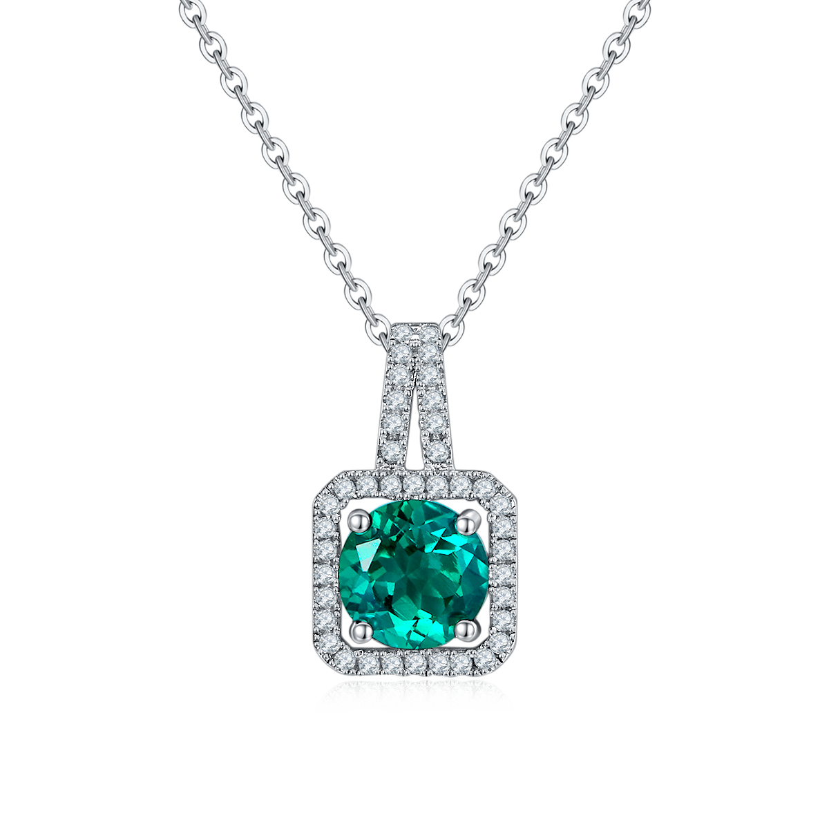 S925 Sterling Silver 2ct Lab-Grown Ruby Emerald Pendant Necklace, Platinum Plated Square Halo With Split Pave Bail, Women's Fine Jewelry Gift Box