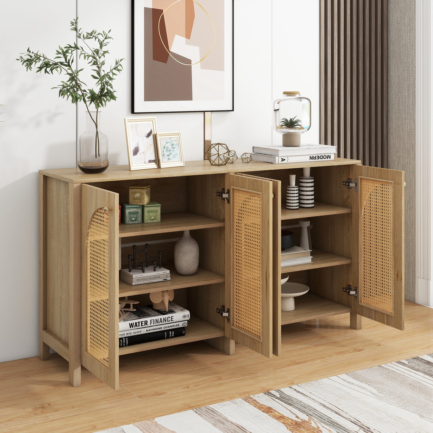 Modern Minimalist Style Sideboard 4 Rattan Door, Metal Handle Simple Buffet Cabinet For Dining Room, Living Room, Kitchen  Natural Wood