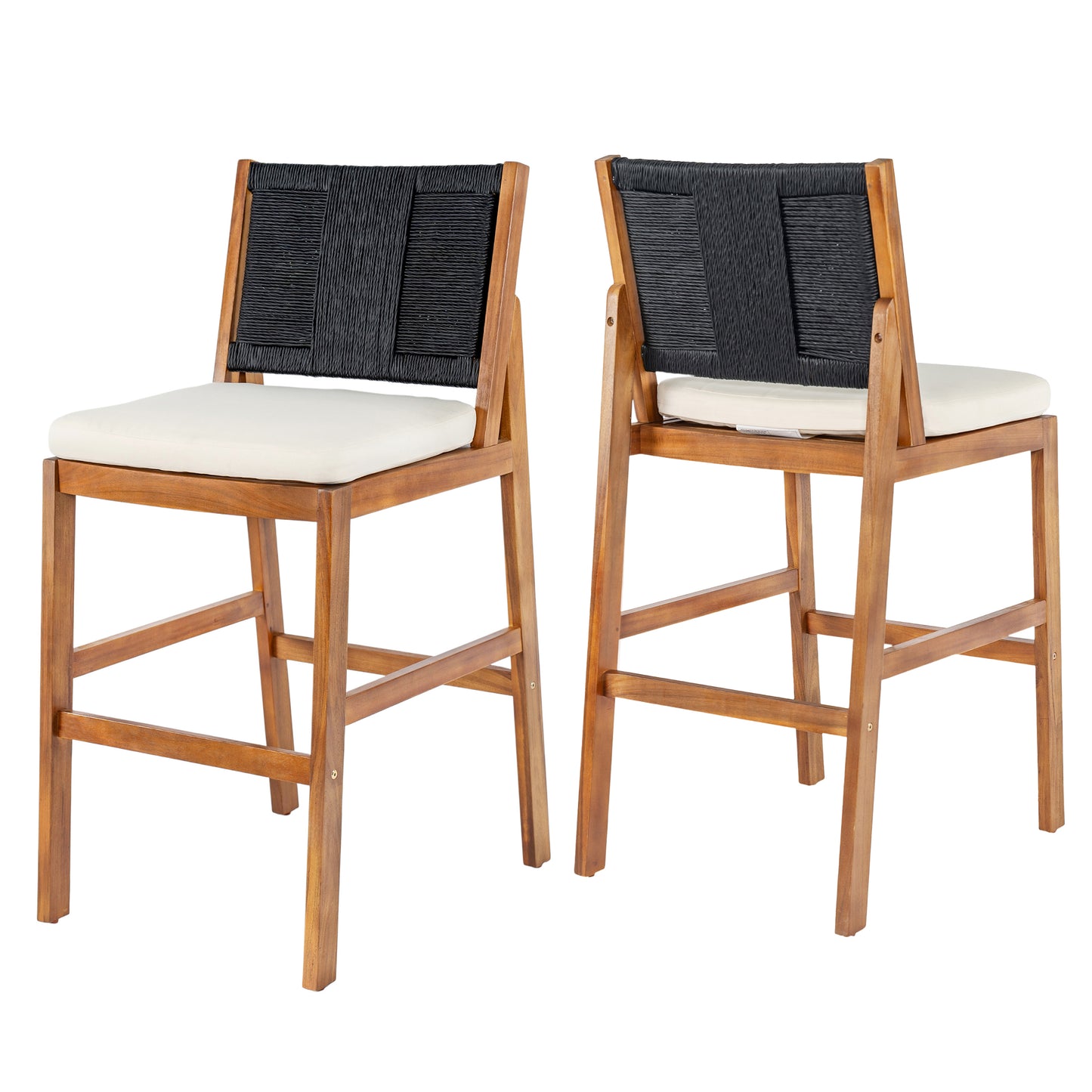 Outdoor Acacia Wood Bar Stools  Set Of 2 , Teak Finish Bar Height Chairs With Cream Cushion & Black Wicker Back, Counter Height Stools For Patio, Poolside, Kitchen Island