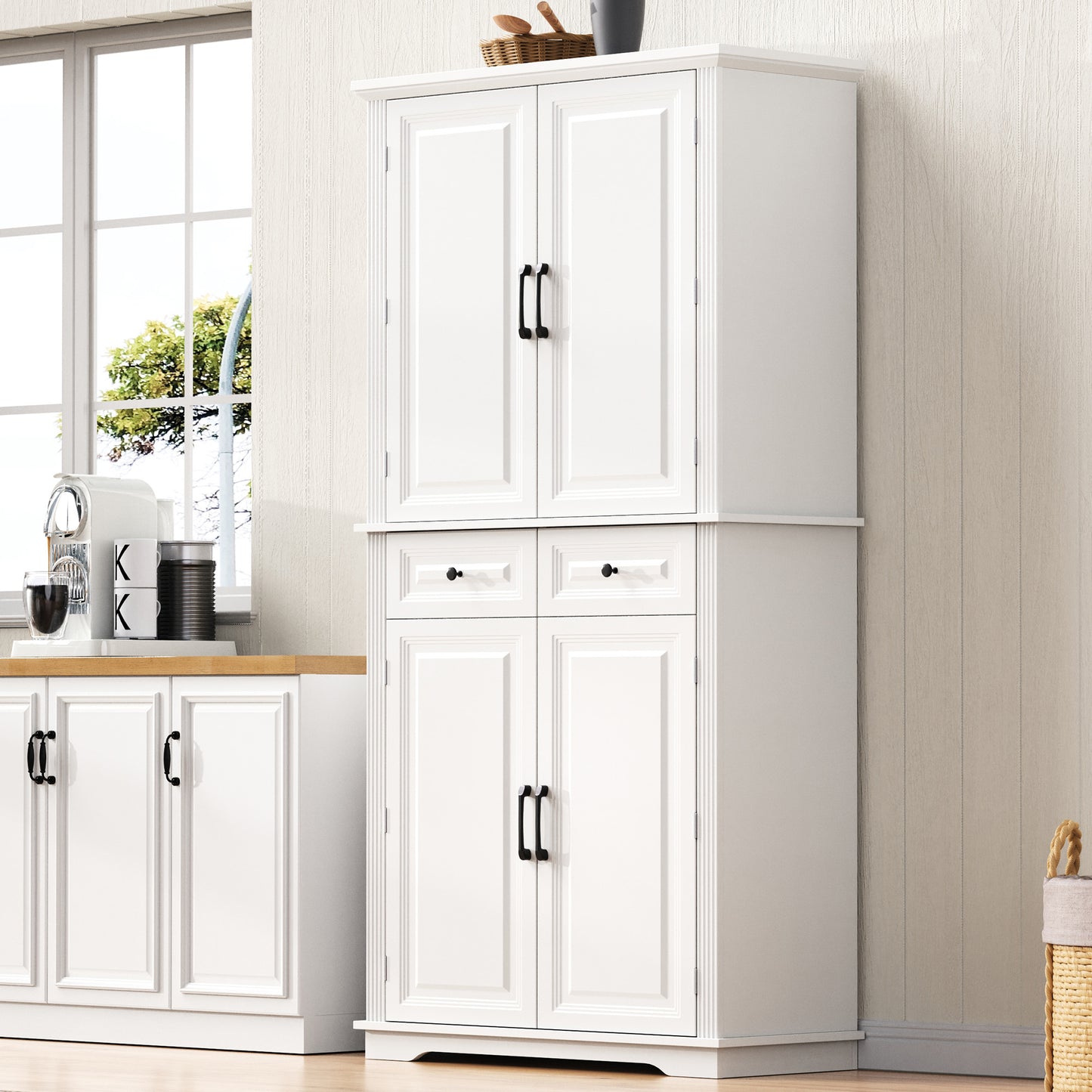 K&K 71   Tall Kitchen Pantry Cabinet With 3 Pull Out Cabinet Organizers, Farmhouse Embossed Texture Storage Cabinet With 6 Door Shelves, 2 Drawers, Freestanding Cupboard For Kitchen, Dining Room White