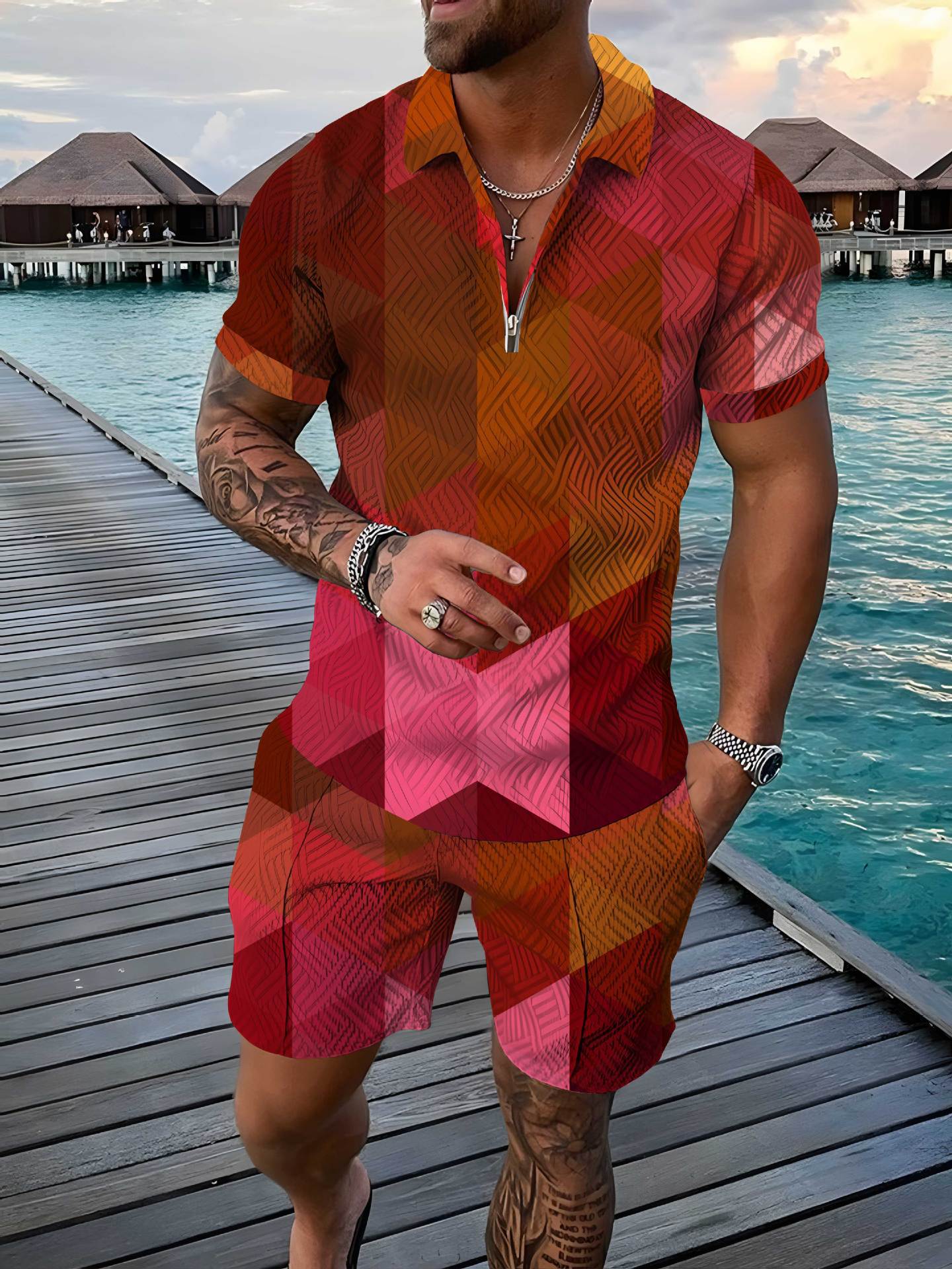 Men's Polo Shirt Summer Fashion 3D Printed Short Sleeve Geometric Zip Lapel