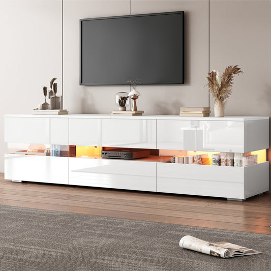 Modern White High-gloss TV Cabinet, 160x39x45 Cm, With LED Lighting, 2 Doors, 1 Drawer, Open Compartment, Suitable For 70 Inch TVs - With Acrylic Glass Insert And Print Opening, High-gloss TV Stands