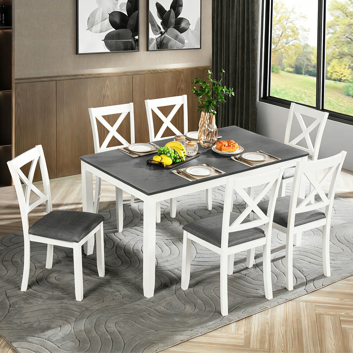 7-Piece Solid Wood Dining Table and Chairs Set, Modern 58.5 Inch Table with 6 Padded Chairs (X-Back Style) for Kitchen, Dining Room, Grey & White two toned