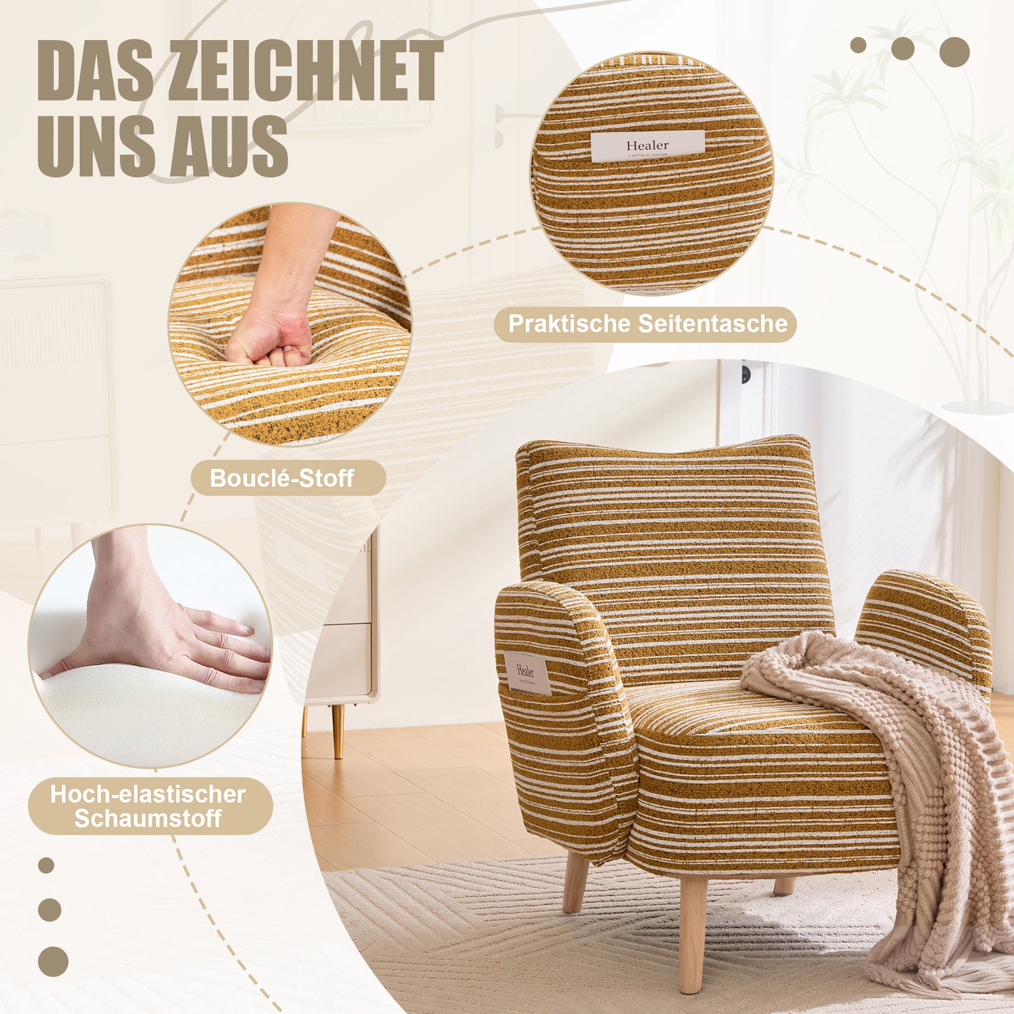 Modern Armchair, Fabric With Circle Pattern, With Side Pocket, Solid Wood Legs, Comfortable Reading Chair, Living Room, Bedroom, Office Mustard Yellow BouclE