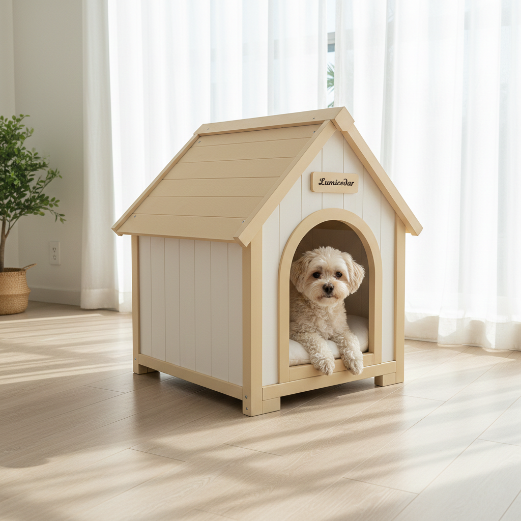 Modern Indoor Wooden Dog House with EVA Cushion – Solid Cedar Pet House for Small Dogs & Cats