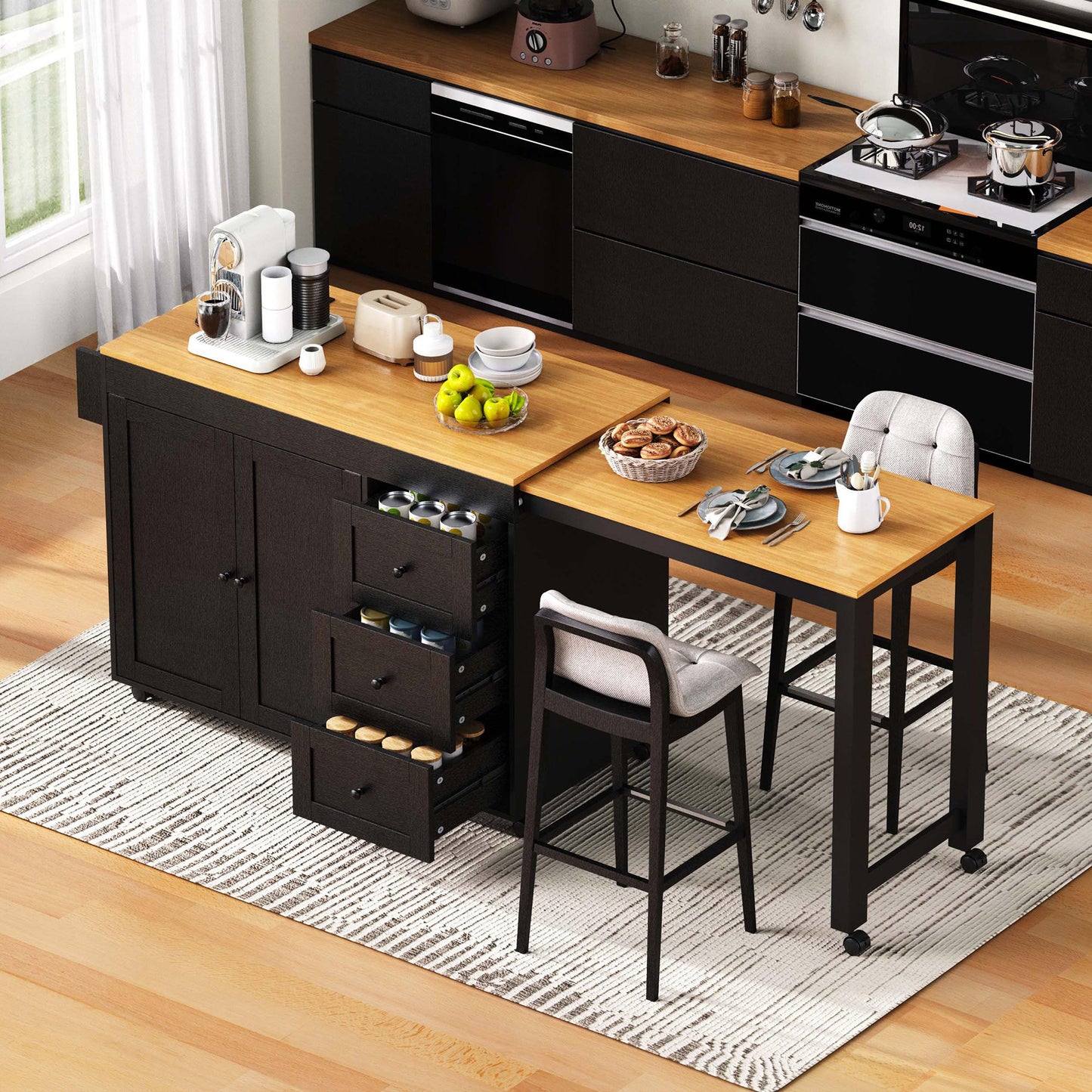 K&K 74.8   Kitchen Island With Extendable Dining Table, Kitchen Storage Cart With 3 Drawers, Power Outlet, Rolling Kitchen Island On Wheels With Spice Rack And 2 Door Cabinet, For Kitchen, Black