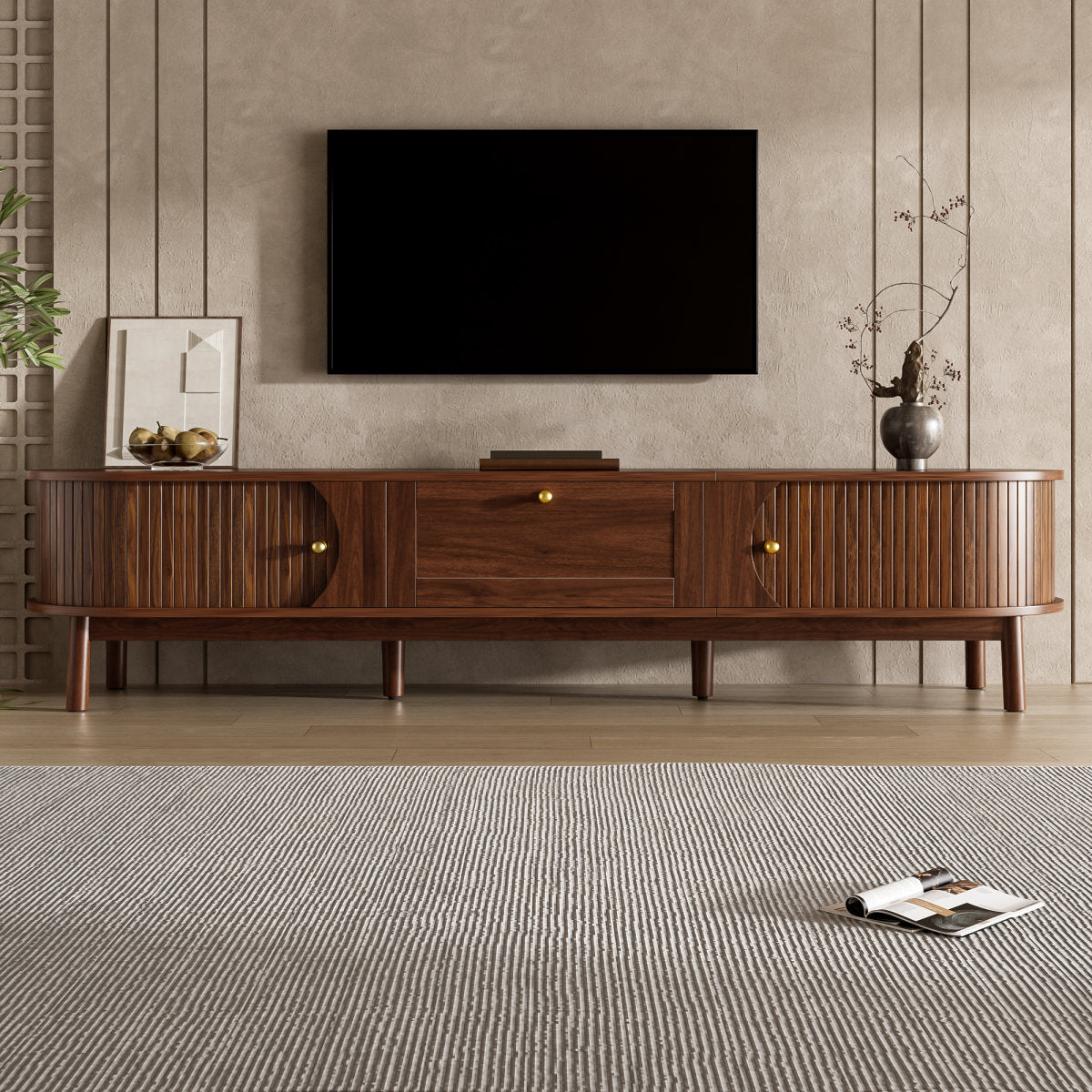 Modern TV Stand Made Of Solid Wood With Drawers, Classic Rounded Edges, Robust Wooden Legs, TV Stand With Storage Space For The Living Room.