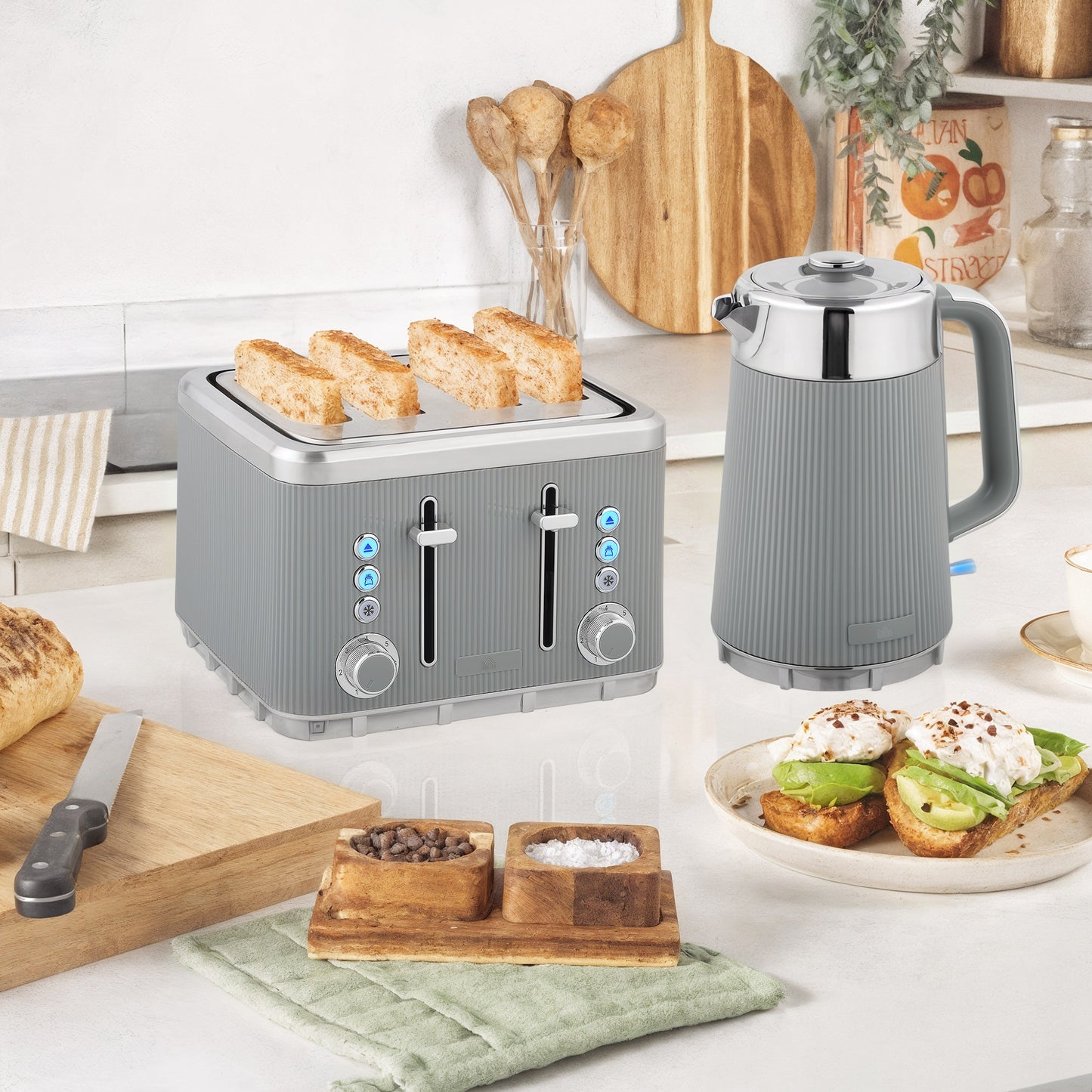 Electric Stainless Steel Kettle And Toaster Set, 3000W 1.7L UK Strix Thermostat Fast Boil Kettle W/ Limescale Filter, Cool Touch Body, 4 Slice Toaster With 7 Browning Levels, Crumb Tray, Taupe
