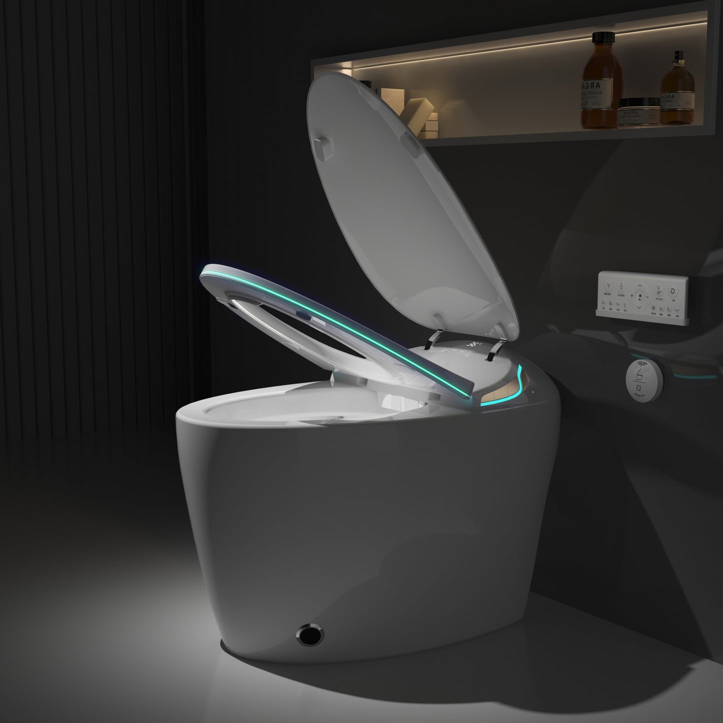 Unique Smart Toilet With Bidet Built In, Intelligent One Piece Toilet For Modern Bathroom, Auto Open Close Seat, Foot Sensor, LED Display,Night Light, Warm Water & Dryer,White