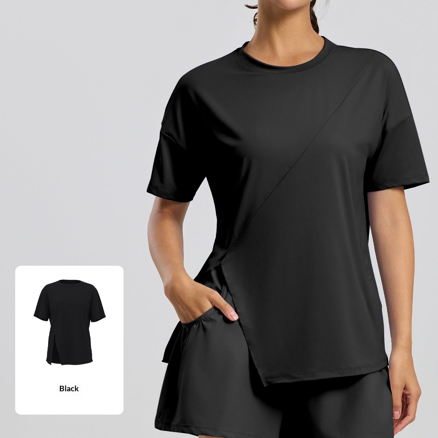 Split-front Loose-fit Short-sleeve Tunic For Yoga Running And Fitness