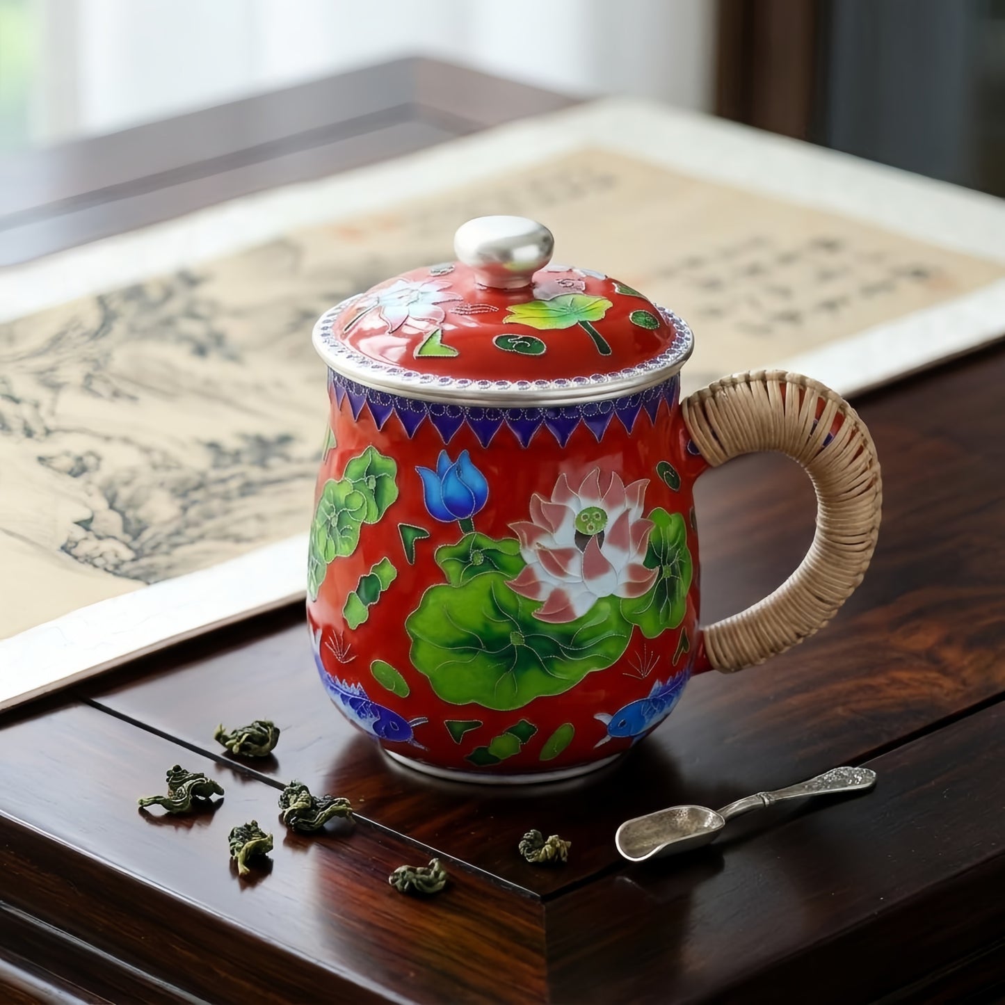 Pure 999 Fine Silver Elegant Red Enamel Cloisonné Tea Mug with Lotus Pond Motifs and Woven Handle - Handicraft